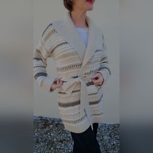 Everette Wrap Cardigan Women's Striped Cardigan Sweater - Cream and Brown